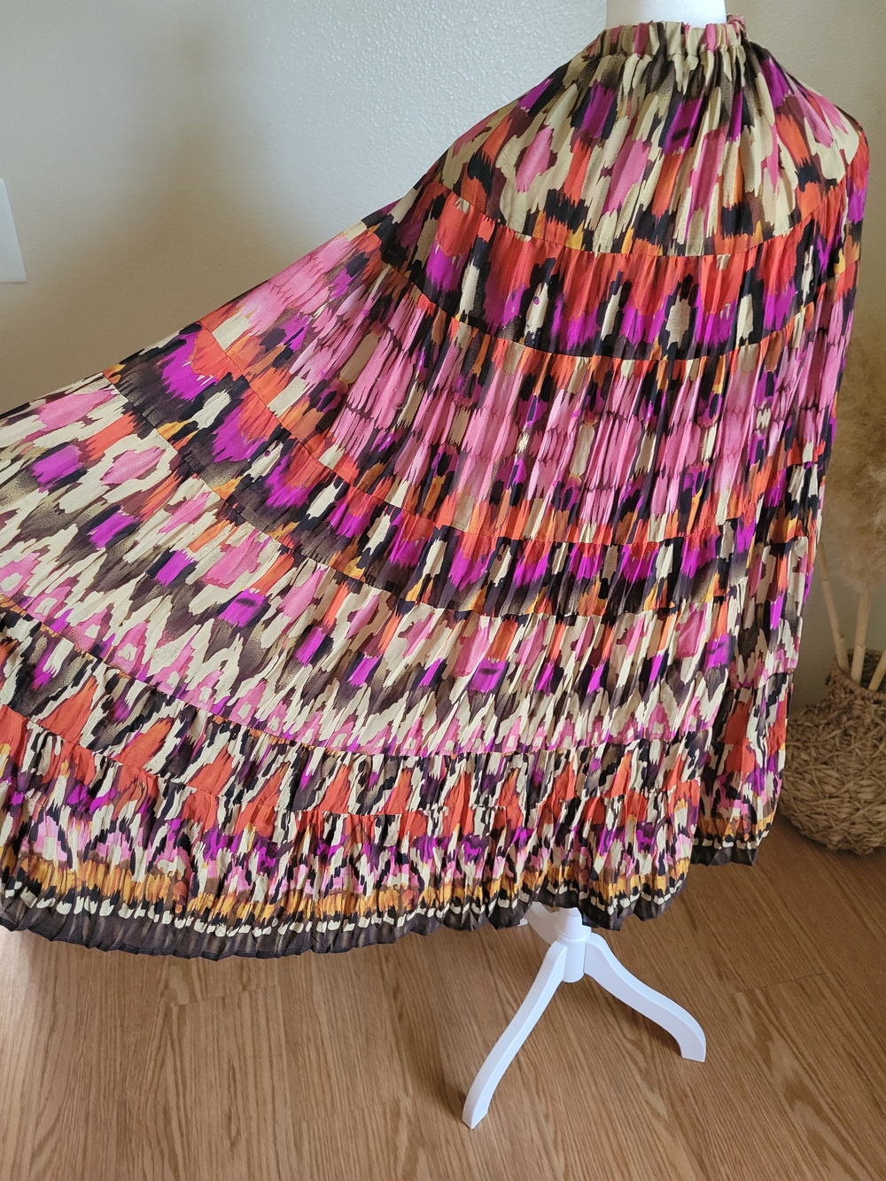 Vintage Boho Ikat Print Tiered Maxi Skirt Crinkle Pleated  Elastic Waistband 1X
